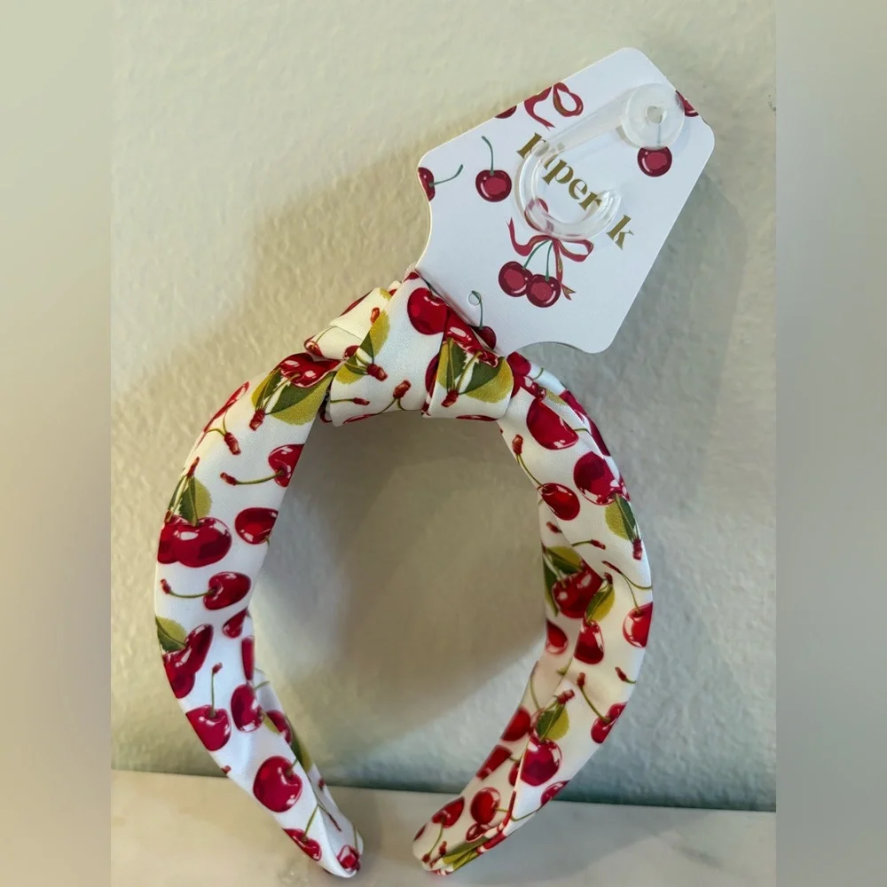 Piper Red Cherry Knot Headband with Green Leaves